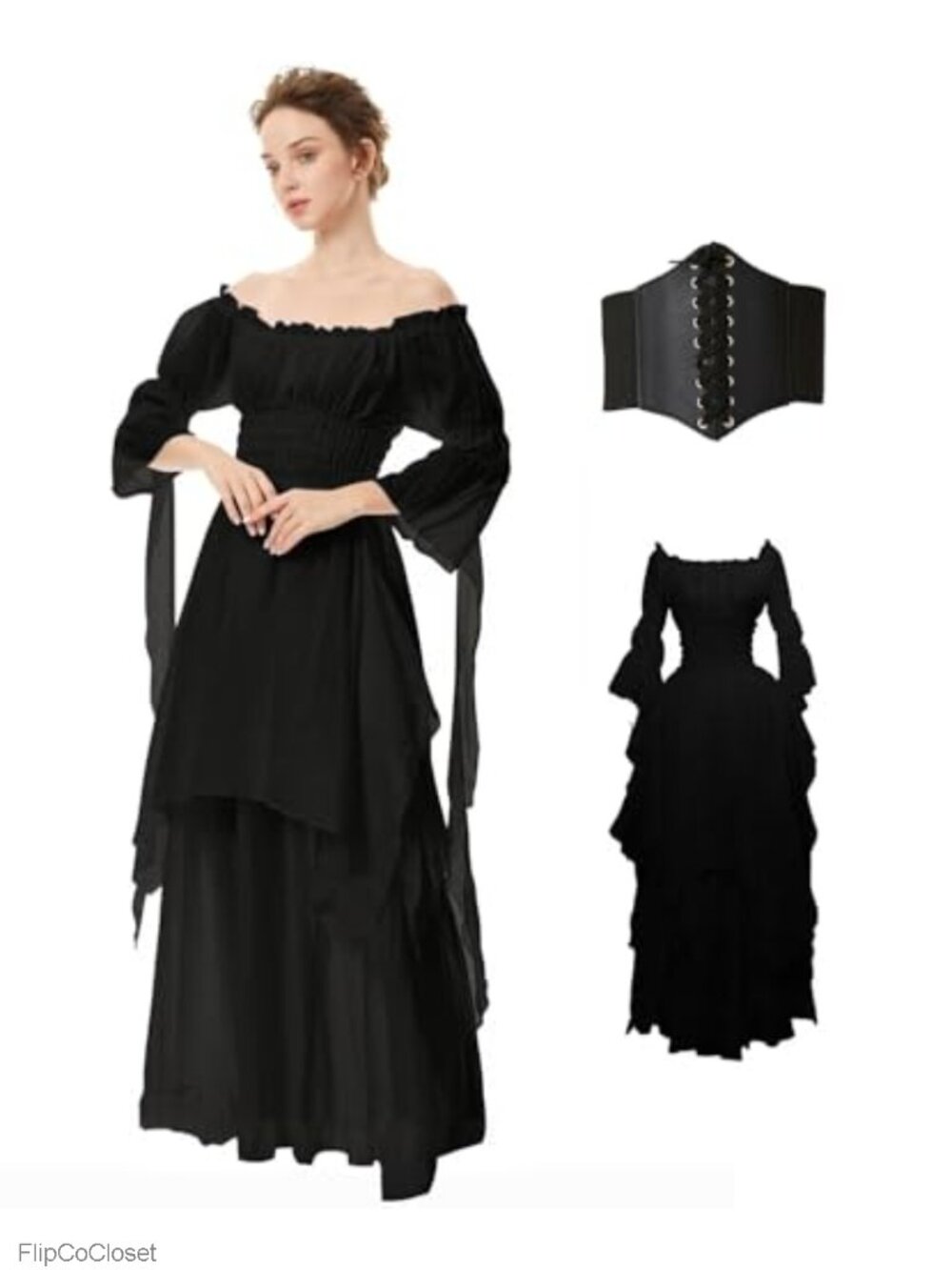Victorian Gothic Halloween Witch Dress Puff Sleeve Renaissance Costume